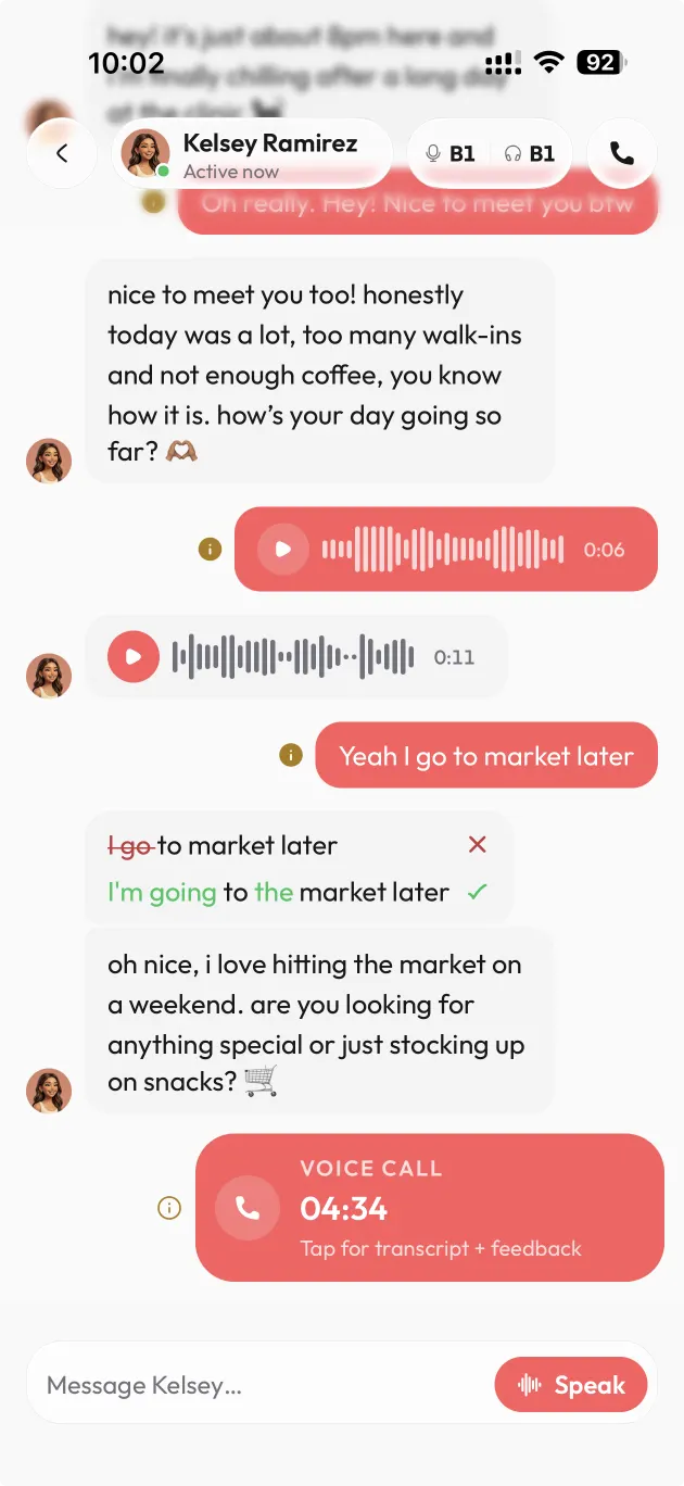 A real chat with a friend, with feedback after a voice call