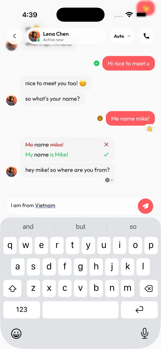 A real chat with an AI friend, with a typed message corrected to a more natural way to say it
